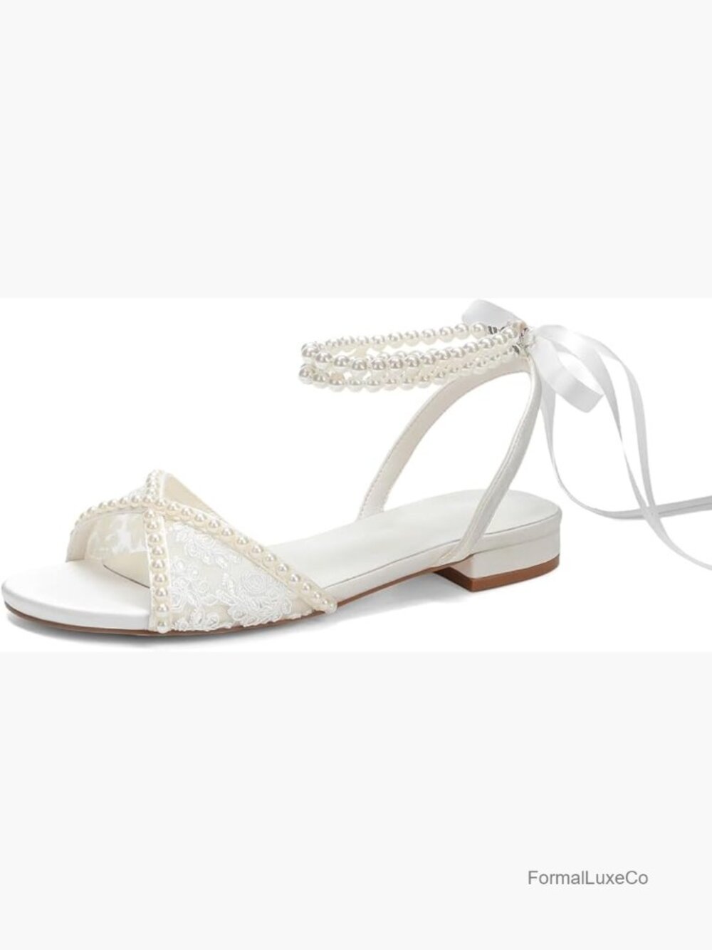 Bridal Lace Flat Sandals with Pearls Ankle Strap Wedding Shoes